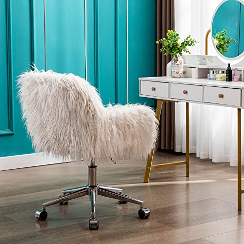 Kcc Fluffy Office Desk Chair, Faux Fur Modern Swivel Armchair With Wheels, Soft Comfy Fuzzy Elegant Accent Makeup Vanity Chairs For Women Girls, Home Living Dressing Room Bedroom, White #TOP6