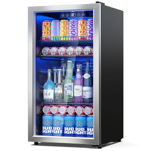 Manastin Beverage Refrigerator Cooler-Mini Fridge Freestanding Cooler with Glass Door, Adjustable Shelves & Digital Temperature Display for Soda, Wine or Beer (Silver, 3.2 Cu.Ft)