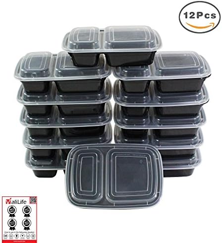 Valilife Meal Prep Bento Food Container [12 Pack] 2 Compartment- Stackable| Reusable| BPA Free| Microwave, Dishwasher/Freezer Safe/Portion Control/Food Storage Containers Live with Valuable (32 oz)
