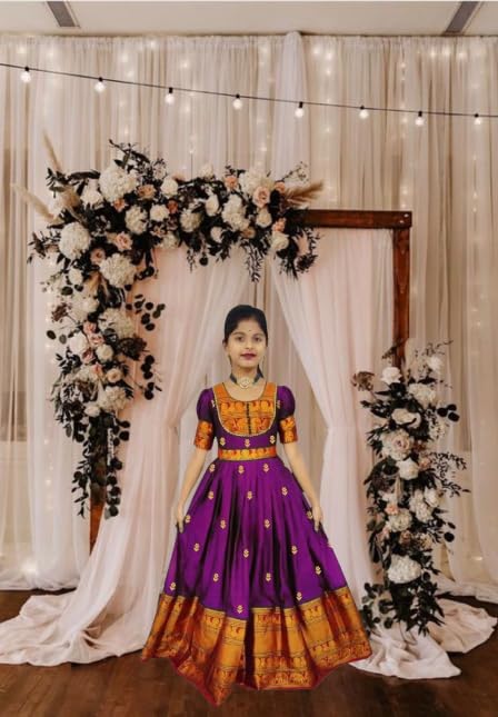 Image of Traditional Silk Kids Anarkali Dress - Purple & Gold Ethnic Wear for Special Occasions - 1PC
