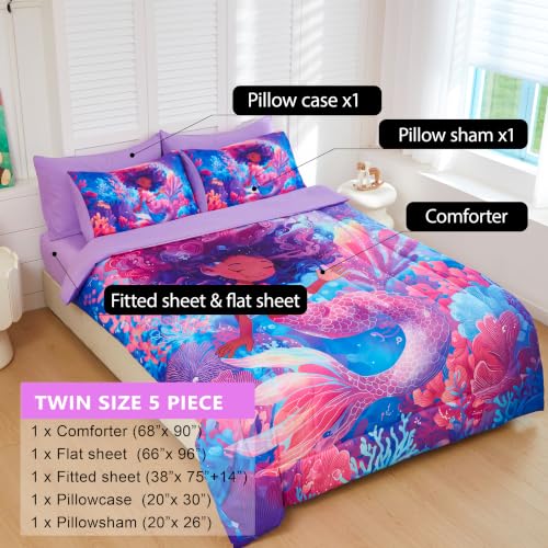 Image of Twin Comforter Set for Girls 5 Piece Mermaid Bedding Set for Girls Super Soft Microfiber Bed Set Bed in a Bag with Comforter Sheets Pillowcase & Sham (5 Piece Twin Size)