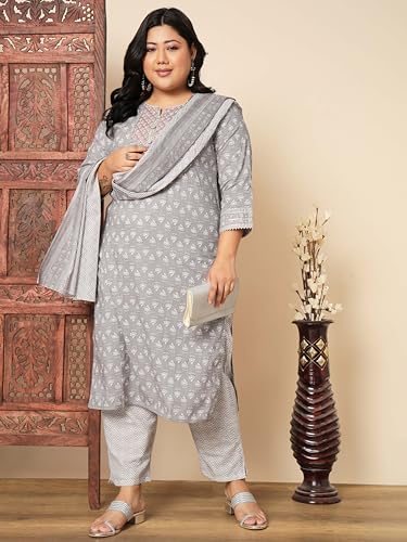 Image of Vbuyz Women's Printed & sequience work A-line Cotton Pink Kurta Pant With Dupatta