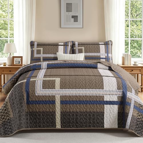 WONGS BEDDING Brown Quilt King Size, 3 Pieces Boho Stripe Bedspread