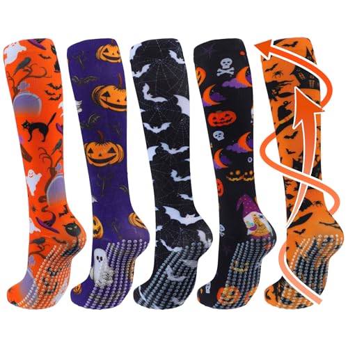 Breathffy 5 Pairs Halloween Non Slip Compression Socks for Women Men 20-30 Mmhg Knee High Anti Skid Compression Socks with Grips Support for Nurses Pregnancy Running Travel