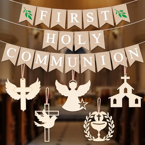iZoeL First Communion Decorations for Boys Holy Communion Decorations for Girls Reusable Banner Bunting Wooden Hanging Ornaments for Blessed Celebration