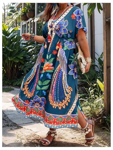 Image of Floerns Women's Plus Size Tribal Print Dolman Sleeve Slit Summer Maxi A Line Dress