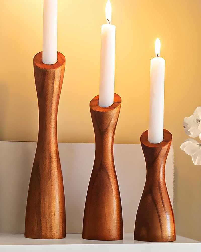 OLEEK Wood Candle Holders for Table Centerpiece (9",8",6") - (fits 7/8" Candles) Farmhouse Wooden Candlestick Holder Set - Fall Rustic Candle Holder Wood - Antique Decorative Candles for Home Decor