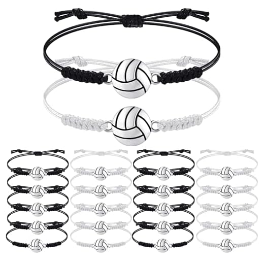 20 Pieces Volleyball Bracelets Adjustable Volleyball Charm Bracelet Volleyball Cord Braided Rope Bracelet with Charm for Girl Women Men Teens Most Sport Team Players (Black and White)