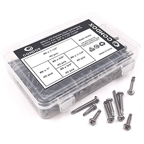 Comdox 410 Stainless Steel Self Drilling Screws Kit Set, Pan Head Phillips Sheet Metal Tek Screws Assortment Kit, Modified Truss Head, 8-18 Thread Size, 5/8" To 1-1/2" Length (Pack Of 200) #TOP4