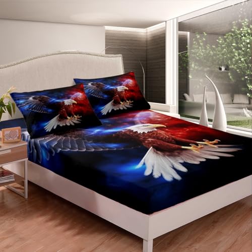 Bald Eagle Bed Sheet Set American Flag Fitted Sheet for Kids Boys Girls Teens Decor Flying Bird Wildlife Animal Bedding Set Blue White Stars Red Black Bed Cover No Flat Sheet 2Pcs Twin Size