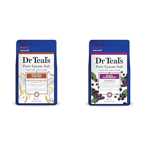 Dr Teal's Sal de Epsom pura, calma y comodidad con leche de avena y aceite de argán, 3 libras y remojo de sal de Epsom pura, saúco negro con