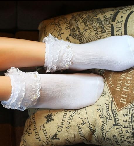 Women Ruffle Socks, Soft Comfortable Lace Frilly Fashion Princess Socks with Pearls 3 Pairs3