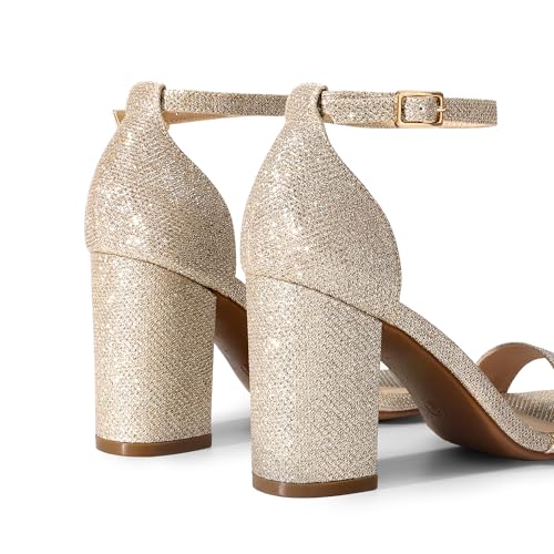 DREAM PAIRS Heels for Women Chunky Block Heel Open Toe Ankle Strap 3.5 Inch Heeled Sandals for Party Date Wedding,Size 6,Gold,DWUMHS2534