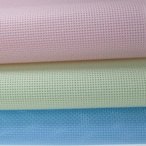 Image of KCS 3 pc of 15 inch x 18 inch(38cmx45cm) Counted Cross Stitch Cotton Aida Cloth Needlework Rolled Fabric Box,11CT,Light Blue+Pink+Light Green