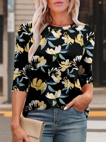 KISSMODA Tunic Tops for Women Loose Fit Dressy Round Neck Pleated 3/4 Length Sleeve Spring Tops