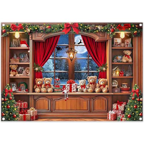 Luminora Toile de Fond 2,1 x 1,5 m pour Rebord de fenêtre d'hiver, sapins de Noël, Rideaux, Ours en Peluche, Flocons de Neige, Cadeaux, arrière-Plan, décorations de Noël, bannières Photo