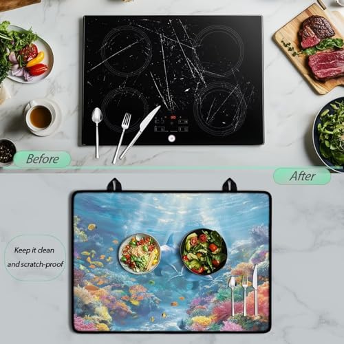 Image of Induction Stove Top Cover Protector Multipurpose Flat Top Stove Cover Mat Universal Stove Top Cover for Electric Anti-Scratching Cooktop Mat, 29 x 21 Inch, Dolphin Coral Reef Print