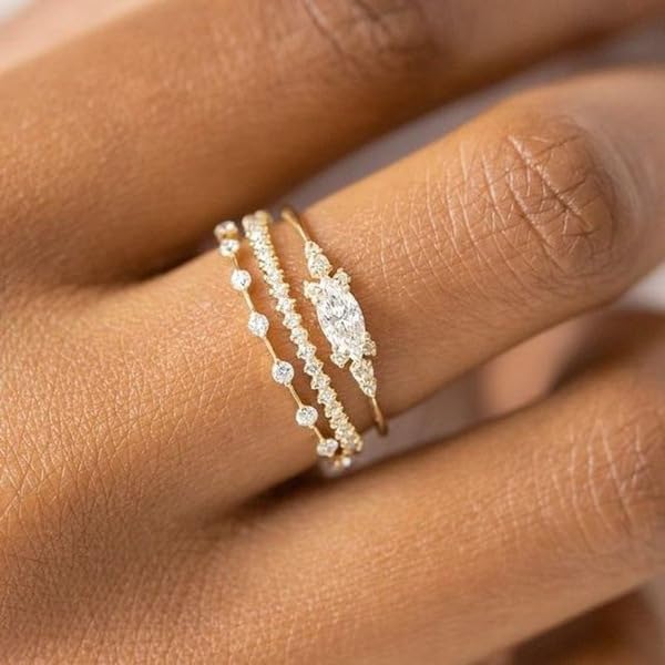 Gold Stacking Rings for Women Non Tarnish 14K Gold Plated Cubic Zirconia Rings Set Cute Stackable Rings for Daity Engagement Promise Rings (3Pcs/Set)3