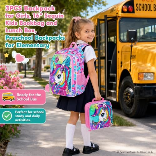 Image of 3PCS Unicorn Backpack for Girls, 16 inch Kids Bookbag with Lunch Box，Sequins School Bags for Elementary Preschool Kindergarten (Pink)