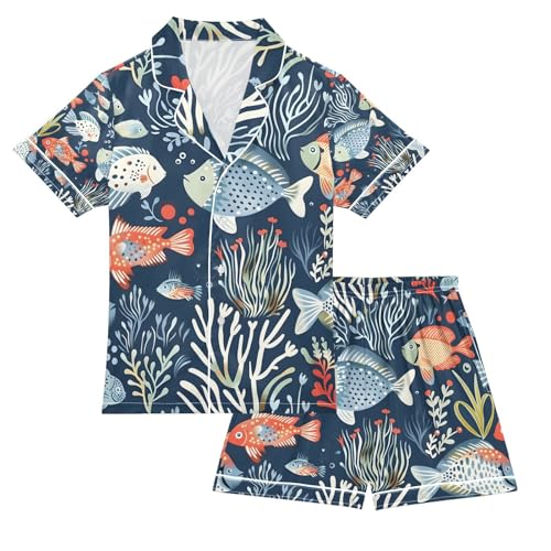senya Ocean Animals and Plants Satin Summer Pajama Sets Silk Short Sleeve Button Down Sleepwear