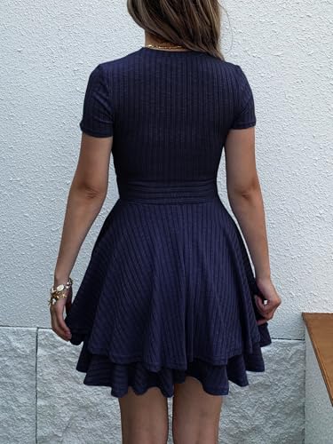 Image of Womens Summer Mini Dresses Short Sleeve Casual Crewneck Knitted Crochet Flowy Tiered Sundress