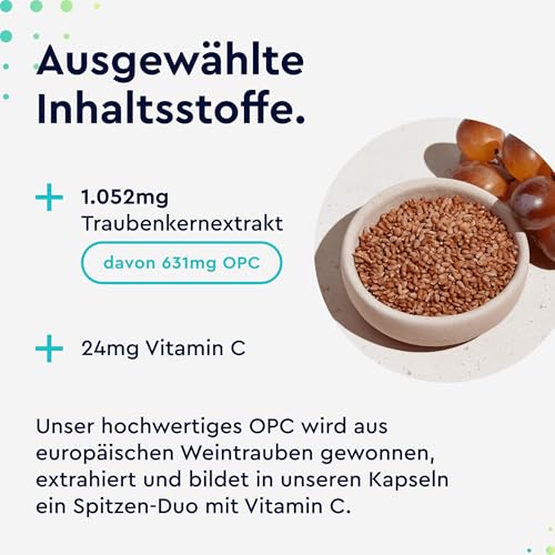 OPC Traubenkernextrakt 180 Kapseln - 1052mg Extrakt PLUS Vitamin C pro Tagesdosis - Original französische Weintrauben - vegan - In Deutschland laborgeprüft & entwickelt