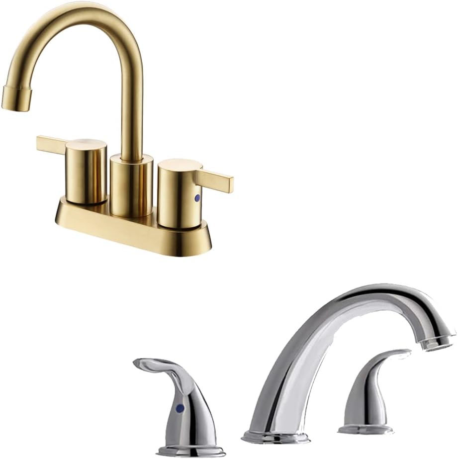 Brushed Gold 4 Inch 2 Handle Centerset Lead-Free Bathroom Faucet,with Chrome Widespread Bathroom Sink Faucet 8 Inch 3 Pieces 2 Handles Faucet BF015-1-BG+WF008-5-C