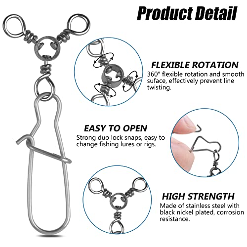 Image of 3 Way Swivel Snaps Fishing Tackle Connector, 40Pcs Triple Swivels with Duo Lock Snaps T-Turn Fishing Lure Connectors for Trolling Catfish Rig