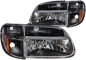 HEADLIGHTSDEPOT Black Housing Halogen Headlights 4-Piece Set with Corners ans Parking Lights Compatible with Ford Mercury Explorer Mountaineer Includes Left Driver and Right Passenger Side Headlamps