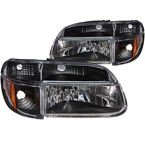 HEADLIGHTSDEPOT Black Housing Halogen Headlights 4-Piece Set with Corners ans Parking Lights Compatible with Ford Mercury Explorer Mountaineer Includes Left Driver and Right Passenger Side Headlamps