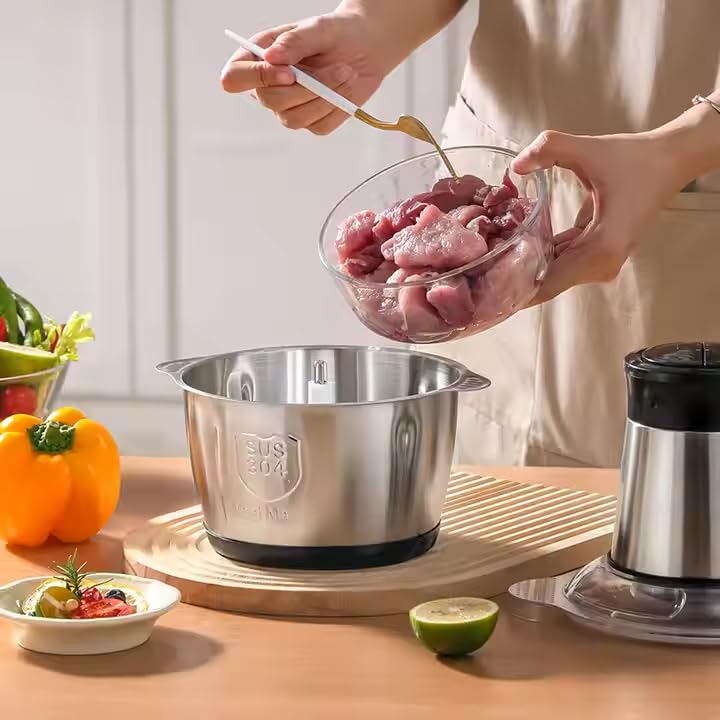 Image of Twinleaf Electric Meat Grinder & Food Chopper 2L Stainless Steel Bowl | 800W 2-Speed Electric Chopper for Kitchen with 4 Blades | Meat Mincer, Vegetable & Onion Chopper, Food Processor (Silver)