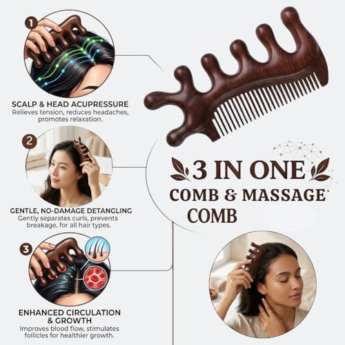 Image of Premium Sandalwood Wooden Massage Comb | Meridian Scalp Massager & Wide Tooth Detangling Comb | Anti-Static Handmade Comb for Head, Neck, Hair & Eye Relaxation | Home Spa Hair Care Tool(ORO-062)