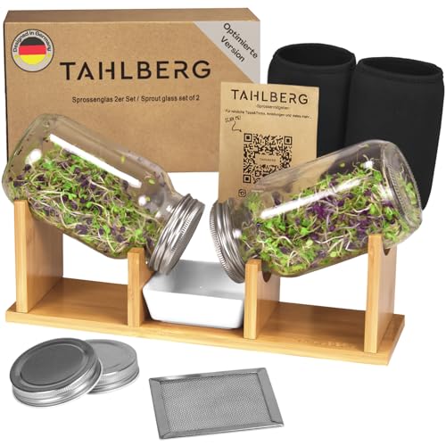 TAHLBERG Juego de 2 vasos de brotes de cristal germinado de alta calidad de bambú + colador y bandeja para germinar – Incluye tapa, fundas e instrucciones (idioma español no garantizado)