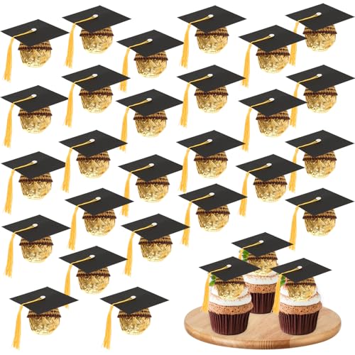 Graduation Cap Chocolate Decorations, 50 Pcs Black Graduation Cupcake Toppers with Tassel Adhesive Dots for Chocolates Candies Class of 2026 Graduates Congrats Grad Party Decorations