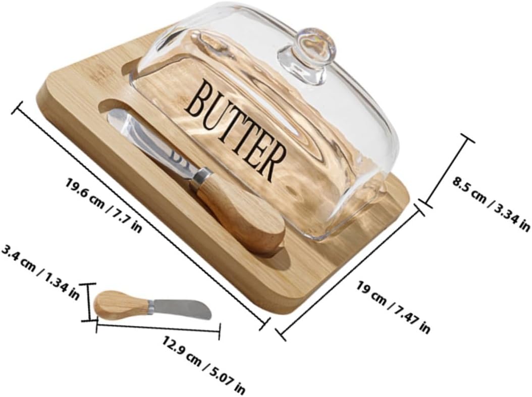 Butter Dish Container with Dome Lid and Wooden Tray Butter Box with Cutter Glass Cover for Refrigerator Storage and Kitchen Counter Use