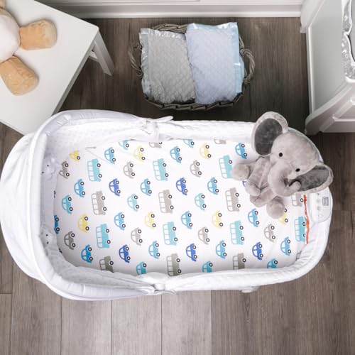 Image of 2-Pack Bassinet Sheets - 100% Cotton Jersey Knit Cars and Chevron Bassinet Mattress Pad Fitted Sheets for Baby Boy; Compatible with Bassinet Bedside Co-Sleeper Lounger Brands; Oval Rectangle Mattress