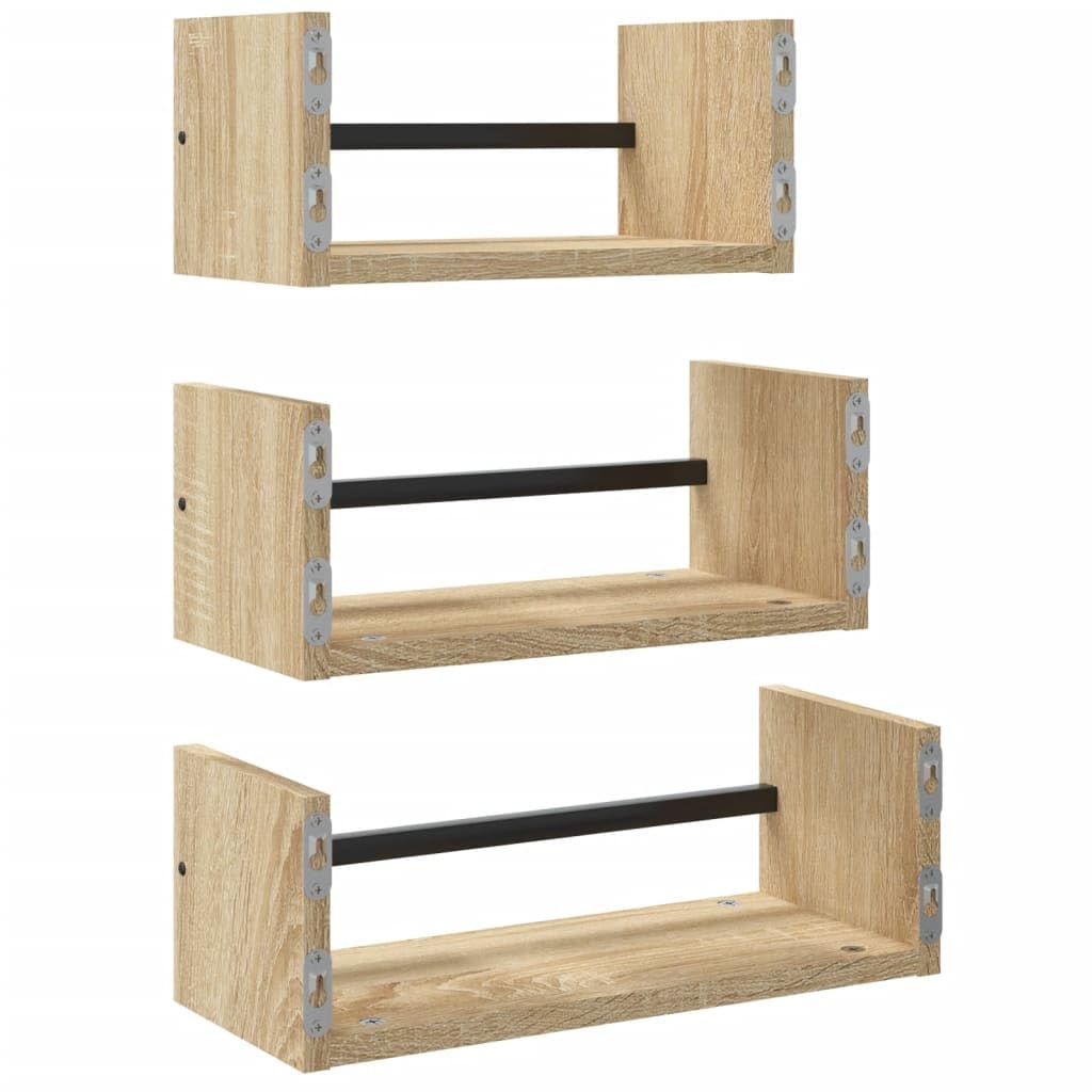 Juego de 3 estantes flotantes de pared con barras de roble Sonoma, madera y acero, 30, 35, 40 x 16 x 14 cm, soporte invisible para salón, dormitorio, cocina, baño y pasillo