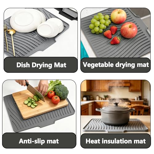 Image of EBIGIC Silicone Dish Drying Mat,19.7 inch*17 inchDish Drying Pad,Kitchen Accessories,with Built-In and Non-Slip Drain,Easy Clean, Fit for Kitchen, Bar, RV, Refrigerator and Drawer Liner, Grey