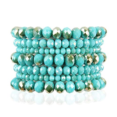 Riah Fashion Bohemian Multi-Layer Beaded Stacking Statement Bracelets - Versatile Stretch Strand Sparkly Crystal Beads Wrap Slip-On Cuff Bangle Set (7 Layer Sparkly Beads - Turquoise) #TOP18