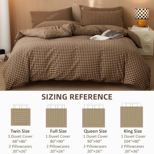 Image of EAVD Vintage Brown Gingham Plaid Duvet Cover Set Queen 3-Piece Soft 100% Washed Cotton Bedding Set Retro Checkered Bedding Set with 2 Pillowcases Neutral Plaid Comforter Cover with Zipper