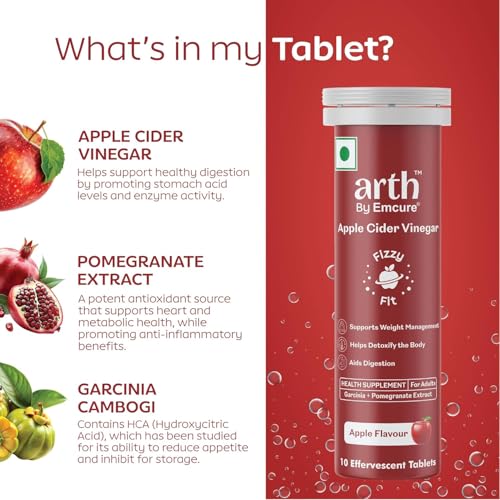 Image of Arth Apple Cider Vinegar Effervescent Tablets 500mg | Supports Weight Management, Metabolism & Gut Health | Garcinia Cambogia, Pomegranate Extract | Vit B6 B12 | Apple Flavour | 10 Tablets