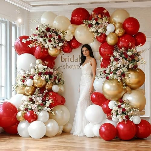 Image of Red White Gold Balloon Garland Double Stuffed Burgundy Red White Sand Pearl Balloon Arch Kit Maroon Wine Balloons for Birthday Bridal Shower Wedding Anniversary Graduation Party Decorations