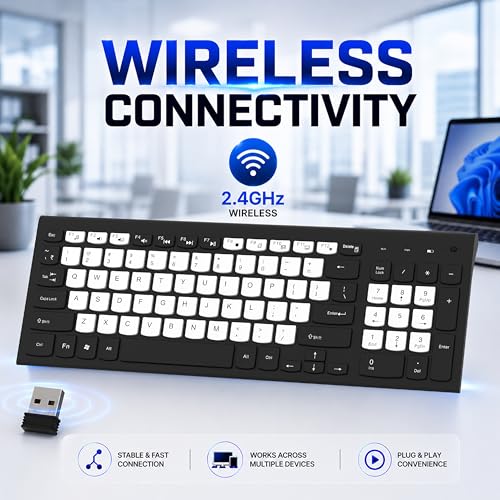 Image of ANT Master 25 Wireless Keyboard, 2.4GHz USB Plug and Play Receiver, 95 Keys with Multimedia Shortcuts, Water-Repellent Slim Membrane Design, 12M Range, Office & Home Productivity, Black & White