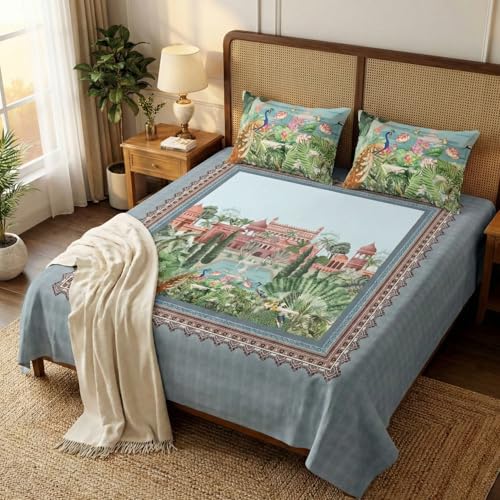 Image of LOOMLYFE 300 TC 7D Digital Print Microfiber Soft Cotton Bedsheet for Double Bed, Size 90X100 Inches with 2 Large Size Pillow Covers Without Joint - PeacockScenery
