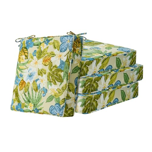 Unimatta Square Corner Seat Cushions, 19" x 19" x 3", Set of 4, Indoor Outdoor Water Repellent Universal Chair Pads with Ties for Patio Furniture, Garden Dining Chairs, Blue Flower