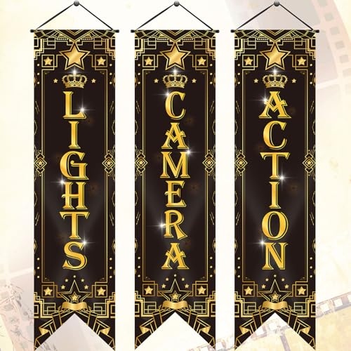 Image of Tegeme 3 Pcs Movie Night Porch Sign Banner Movie Theme Party Decorations Theater Welcome Now Showing Light Camera Action Hanging Porch Sign for Home Film Backdrop Party Supplies (Black,Star)