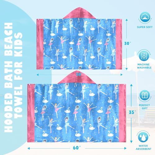 Image of Dance Girls Beach Towel with Hoodie for Kids Toddlers Age 4-8, Pink Blue Bath Towels Shower Wrap for Girls, Hooded Poncho Beach Blanket for Pool Swimming Cute Wearable Bath Towel for Child