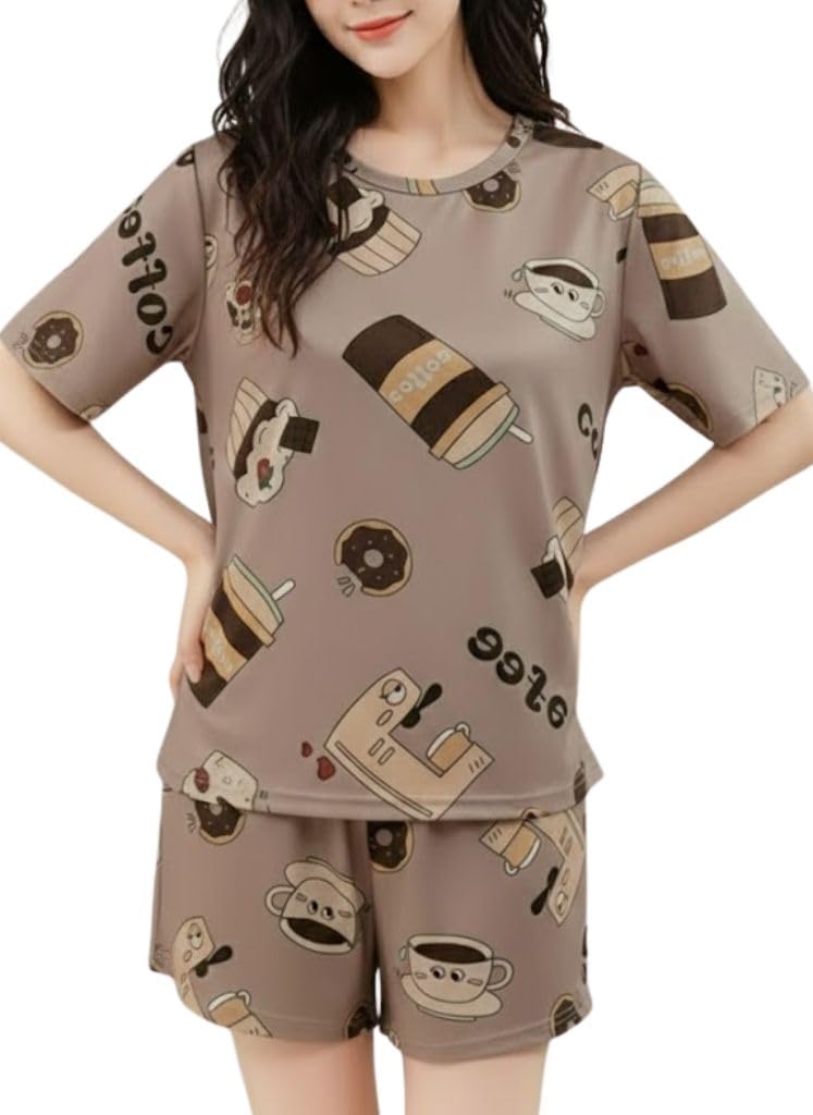 Women's Casual Printed Cotton Blend Nightsuit Co-ord Set || Short Cute Pajama & Top Night Dress || Everyday Nightwear Pyjama Set