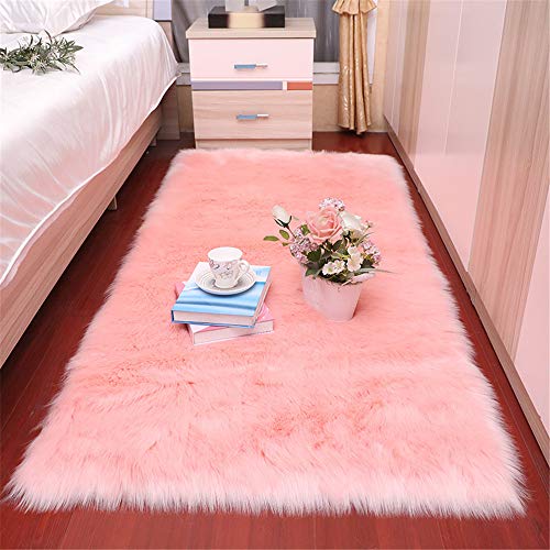 Pink Sheepskin Soft Faux Fur Fake Sheepskin Sofa Couch Vanity Chair Cover Rug/Solid Shaggy Area Rugs for Living Bedroom Floor 2 x 3 Feet