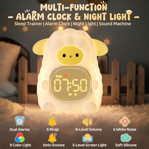 Image of Sheep Alarm Clock with Night Light for Kids with Sleep Training and Sound Machine, Rechargeable Silicone Lamp OK to Wake Clock,Cute Animal Tabletop Lamp, Perfect Sleep Companion for Boys Girls